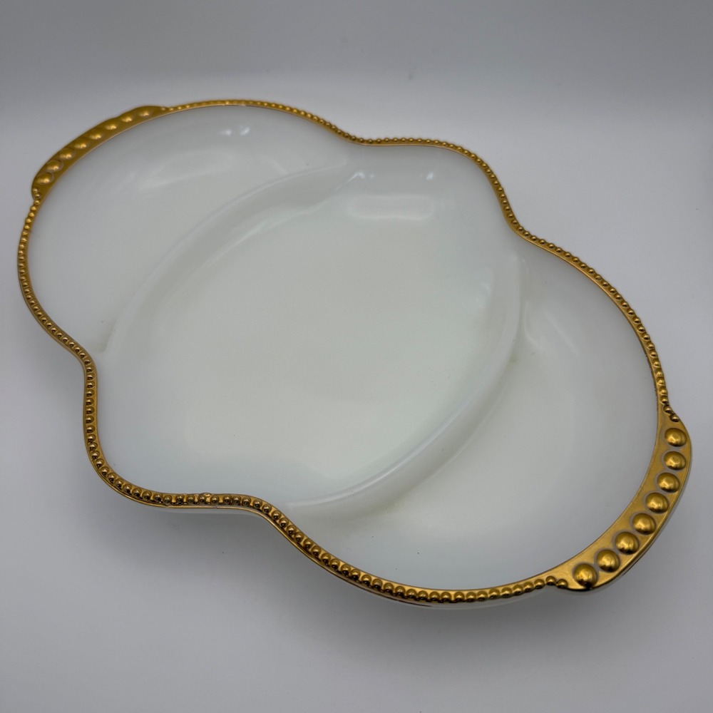 Fire King Milk Glass Divided Relish Tray‎ Gold Beaded Rim Scalloped Vintage 11"